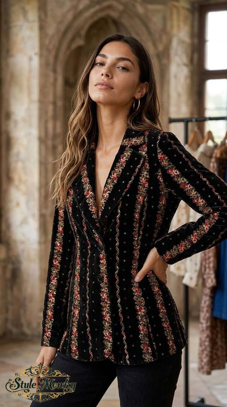 Vintage Black Velvet Floral Embroidered Sequin Blazer Jacket